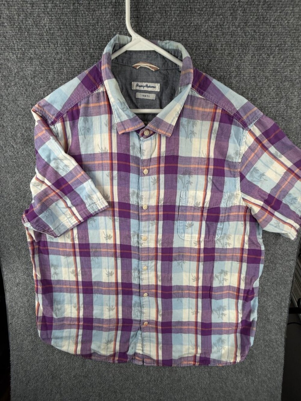 Tommy Bahama SOFT Plaid Purple Floral Button Up Shirt Short Sleeve Trim Fit 3XL